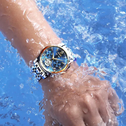 Vista 2 de OLEVS Relojes automáticos mecánicos Tourbillon de acero inoxidable, impermeables, luminosos, de lujo, para hombre