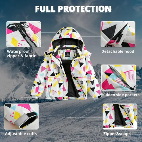 Vista 5 de Simplee Kids Chaqueta de esquí impermeable para niñas, abrigo de invierno colorido con capucha