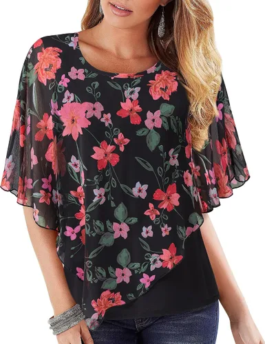 Vista 16 de Lotusmile Blusas elegantes de gasa tipo poncho para mujer 25 impresiones punto negro