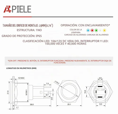 Vista 2 de APIELE Interruptor de botón con pestillo de 10 amperios y 0.748 in, 12 V, SPST, LED, impermeable, redondo, autobloqueante, 1NO (aluminio negro, azul)