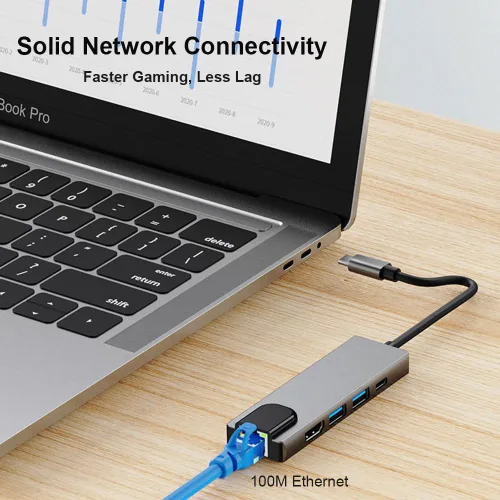 Vista 4 de QCEs Adaptador multipuerto USB C, 5 en 1 USB C a Ethernet HDMI Hub con puerto HDMI Ethernet, puerto USB3.0/2.0, carga PD compatible con MacBook