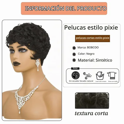 Vista 2 de Pelucas cortas Pixie para mujeres negras, corte Pixie negro natural corto rizado