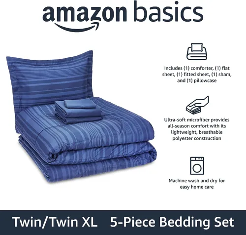 Vista 2 de Amazon Basics - Juego de edredón Twin/Twin XL con sábanas, juego de ropa de cama de 5 piezas, microfibra ligera azul Calvin a rayas, en una bolsa