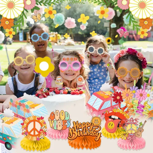 Vista 7 de 9 piezas de centros de mesa con temática de panal de abeja hippie y retro, decoración de mesa de margaritas, decoración de mesa, regalos para niños