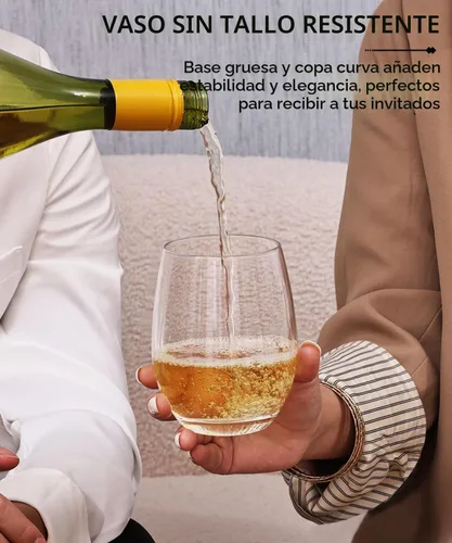 Vista 4 de OJA Juego de 12 copas de vino sin tallo, 15 onzas, copas de vino tinto y blanco de cristal, sin tallo, transparentes, vaso resistente para beber