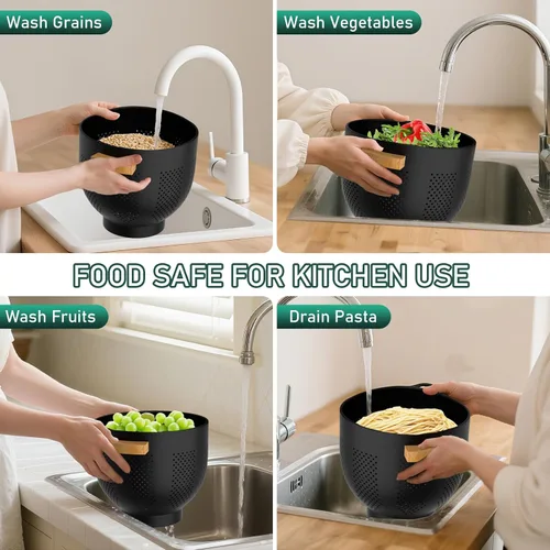 Vista 7 de Colador de metal con mango de madera de bambú, colador grande de 6 cuartos de galón con base autodrenante, cuenco colador de cocina para pasta