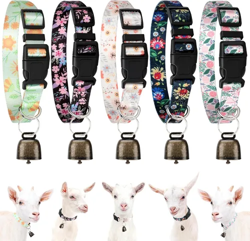 Vista 12 de Paquete de 5 collares reflectantes de cabra con campanas, collar para mascotas antipérdida Adjustable Nylon Collar & Sheep Grazing Copper Bells