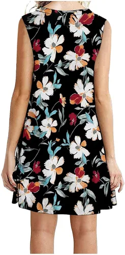 Vista 4 de YHIWU Vestidos para mujer, de verano, casuales, con cuello redondo, sin mangas, para la playa, con estampado de moda