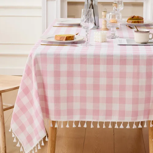 Vista 24 de JIALE - Mantel cuadrado de lino de algodón de cuadros Gingham con borlas, lavable, sin arrugas, mantel a cuadros de búfalo para fiesta al aire Beige
