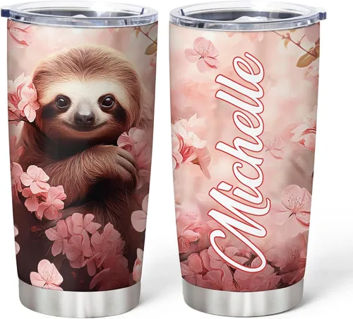 Vista 10 de Hyturtle Regalos personalizados para los amantes de los perezosos, vaso de acero inoxidable con nombre personalizado de 20 onzas con tapa, idea
