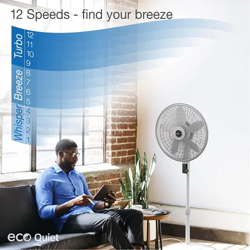 Vista 5 de Lasko EcoQuiet - Ventilador de pedestal oscilante con motor silencioso de corriente continua, 12 velocidades, temporizador de 8 horas, altura
