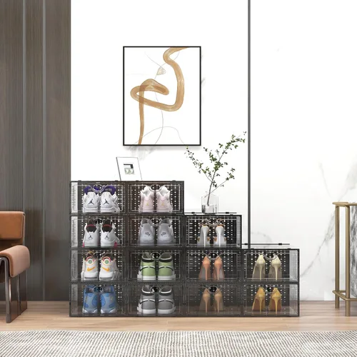 Vista 6 de Pinkpum Paquete de 12 cajas de almacenamiento de zapatos XXL para talla 14, organizador de zapatos apilable de plástico transparente para armario