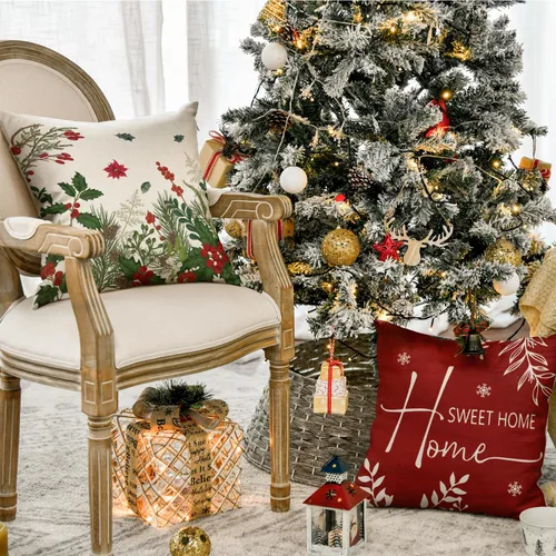Vista 5 de AVOIN colorlife Fundas de Cojines Decorativos Navideños Cardinal Home Sweet Home Poinsettia Bayas de Acebo, 16 x 16 Pulgadas Family is Everything