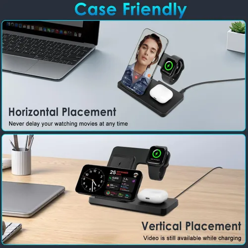 Vista 5 de Cargador inalámbrico, estación de carga 3 en 1 para múltiples dispositivos, base de carga para iPhone serie 8-16, Apple Watch, AirPods Pro 3 2