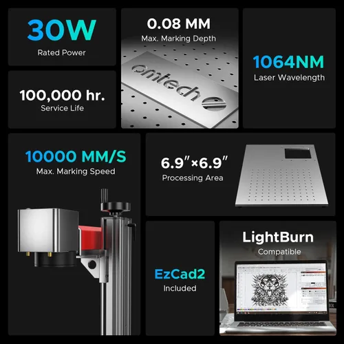 Vista 2 de OMTech Máquina de marcado láser de fibra MOPA de 30W con LightBurn y eje giratorio, grabador láser de fibra con área de trabajo de 7 "x 7