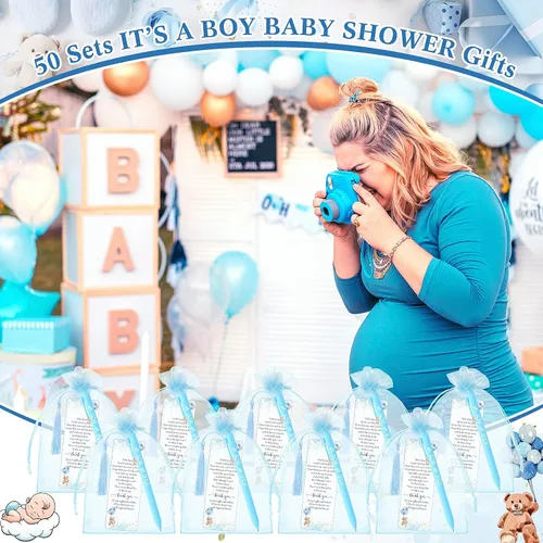 Vista 6 de Geyoga 50 juegos de marcadores para baby shower, 50 bolígrafos para baby shower, 50 marcadores y bolsas de organza para invitados, premios para Azul
