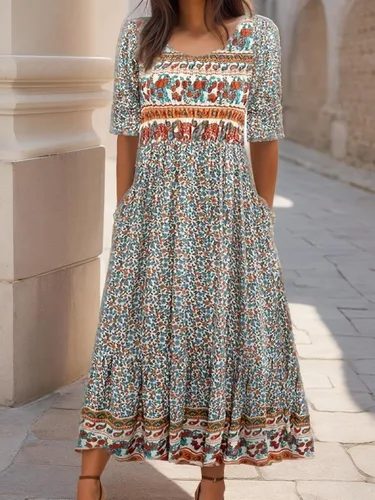 Vista 10 de Vestido largo con estampado floral para mujer, manga corta, con bolsillos, para uso casual de verano