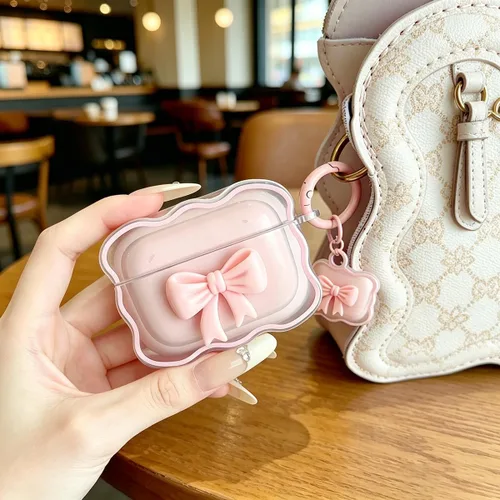 Vista 6 de Bonita funda transparente para AirPods Pro 2/1 Gen, diseño de lazo 3D femenino, funda protectora y a prueba de golpes de TPU suave Kawaii para Apple