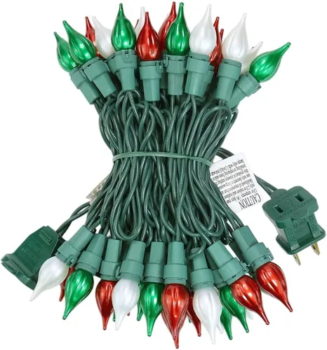 Vista 2 de Luces de Navidad rojas, blancas y verdes, 50 luces LED con cable verde y bombillas de vidrio C3 para árbol de Navidad interior y exterior