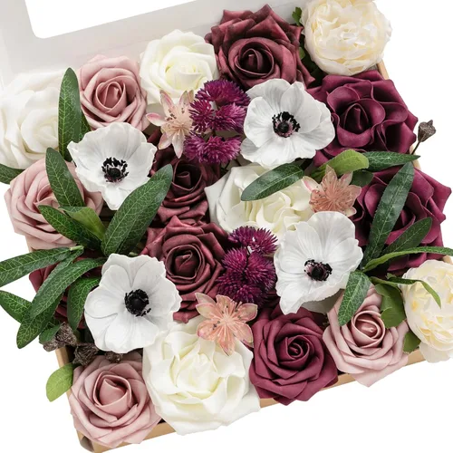 Vista 8 de Ling's moment Combo de flores artificiales de boda, caja de vegetación falsa para ramos de bricolaje, centros de mesa, decoración de espuma de rosa