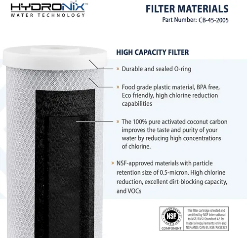 Vista 2 de Hydronix CB-45-2005 NSF Filtro de bloque de carbono de 4.5 pulgadas de diámetro externo x 20 pulgadas de largo, de 5 micrones.