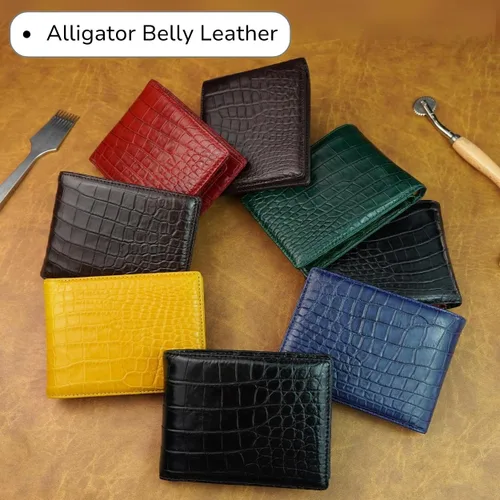 Vista 5 de HATA Billetera de piel plegable de cocodrilo para hombre, con bloqueo RFID, hecha a mano para papá, marido, hijo, profesor