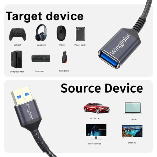 Vista 2 de Cable de extensión USB 3.0 de 2 pies tipo A macho a hembra, cable de extensión USB de múltiples puertos compatible con impresora, teclado, unidad