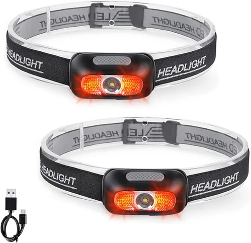 Vista 11 de Linterna frontal recargable, ultra brillante de 500 lúmenes, 5 modos de iluminación con luz roja, IPX4, impermeable, correa ajustable, linterna