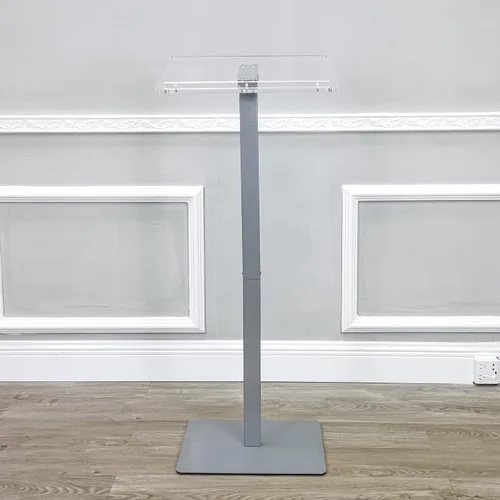 Vista 6 de FixtureDisplays® Podio acrílico para piso, poste de aluminio y base - transparente y plata 119741