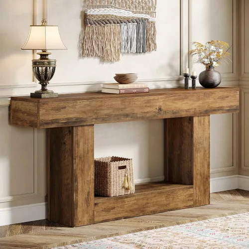 Vista 14 de Tribesigns Mesa consola de 63 pulgadas, mesa de entrada de 2 niveles con base en forma de U, mesa de sofá estrecha y larga de madera detrás del sofá