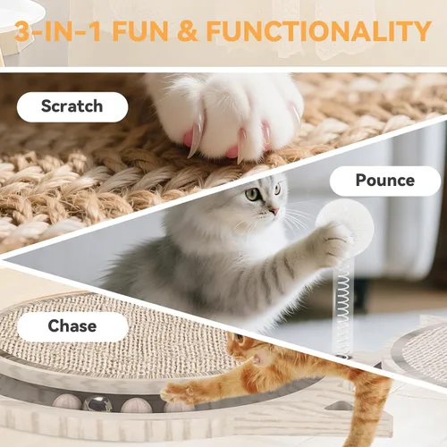 Vista 2 de Tablero rascador para gatos con sisal natural, juguete interactivo para gatos con bola de resorte, almohadilla rascador duradera para gatos