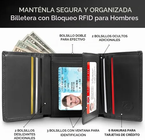 Vista 2 de Stealth Mode cartera de cuero RFID plegable para hombres con soporte para identificación abatible, Negro, Talla única