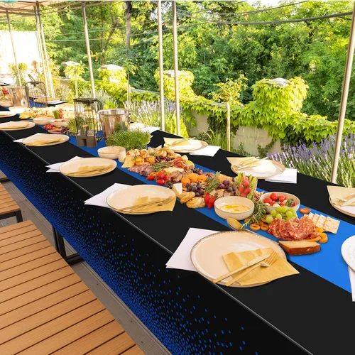 Vista 7 de MASHAN 1 mantel negro y azul para decoración de fiesta, mantel de plástico negro impreso azul, funda rectangular desechable para cumpleaños, boda