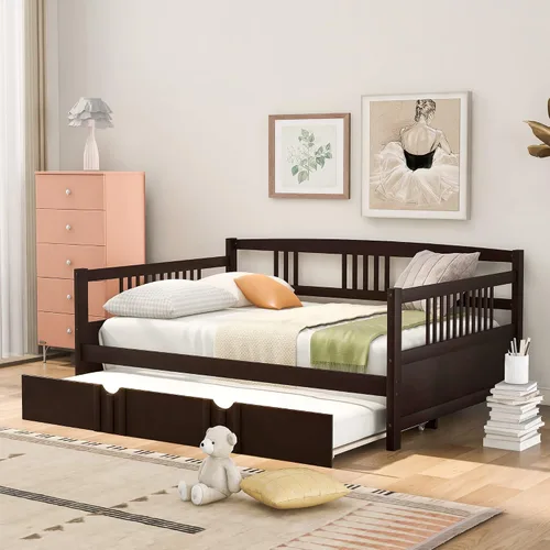 Vista 14 de Merax Sofá Cama Individual con Listones de Madera Soporte Sofá Cama Moderno para Sala de Estar con Rieles, Tamaño Individual, Espresso Oscuro