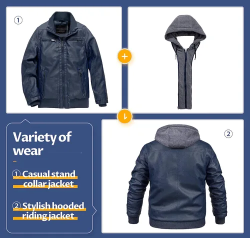Vista 3 de CREATMO US Chaqueta de piel sintética para hombre, impermeable, resistente al viento, PU con capucha extraíble