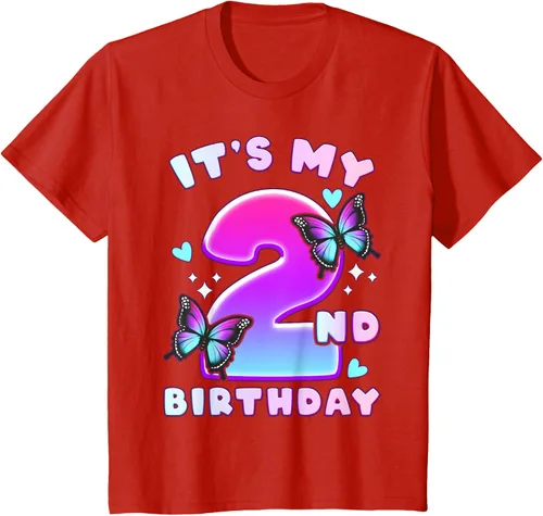 Vista 4 de Camiseta de 2º cumpleaños para niña de 2 años con mariposas y número 2 Negro