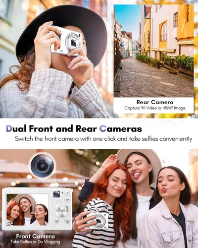 Vista 3 de Cámara digital 4K, cámaras de enfoque automático de 48 MP para fotografía, cámara compacta de vlogging con cámara frontal y trasera, cámaras