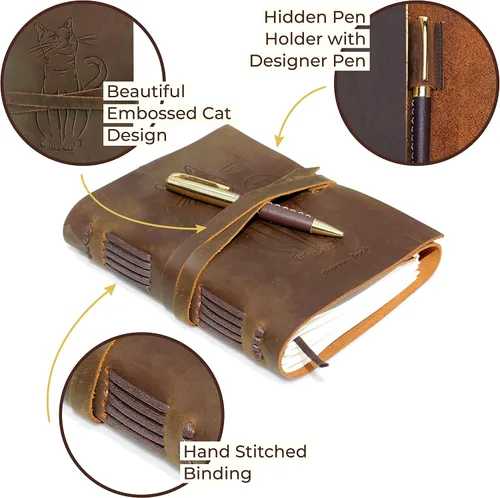 Vista 4 de Sovereign-Gear Diario encuadernado en cuero para hombres y mujeres, juego de regalo hecho a mano con diario de cuero en relieve de gato y bolígrafo