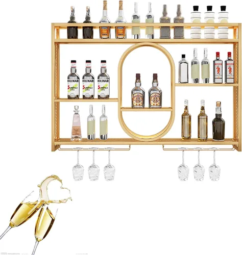 Vista 8 de Estantes para vinos, estantes de bar montados en la pared con estante colgante para copas de vino, estante de exhibición de botellas de licor