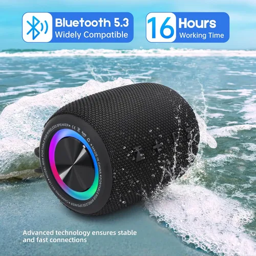 Vista 4 de Altavoz Bluetooth portátil, altavoz inalámbrico BT5.3 de 20W con diafragmas de graves, luces LED multimodos dinámicos, IPX6 resistente al agua
