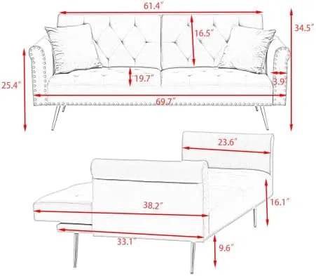 Vista 2 de Anwick Sofá cama tipo futón convertible de terciopelo de 69 pulgadas con 2 almohadas, moderno sofá cama plegable con 3 respaldos ajustables, sofá