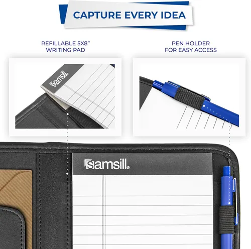 Vista 6 de Samsill Professional Padfolio, cartera mini de piel sintética, con bloc de notas de 5 x 8, color negro