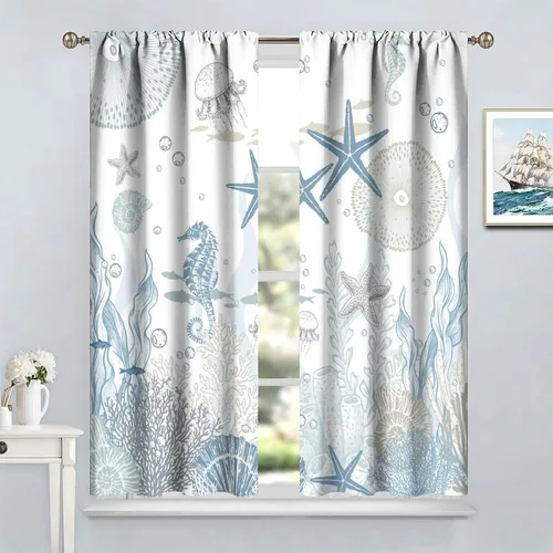 Vista 48 de Cortinas de decoración de playa con océano azul, peces náuticos costeros playeros de verano, conchas marinas, temática infantil, dormitorio, sala