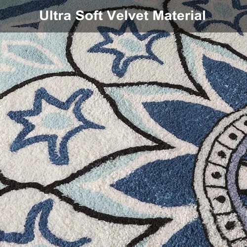 Vista 2 de Uphome Alfombra redonda pequeña de 2.3 pies, color azul, bohemia, con flecos de pompones, antideslizante, lavable, tapete de baño circular