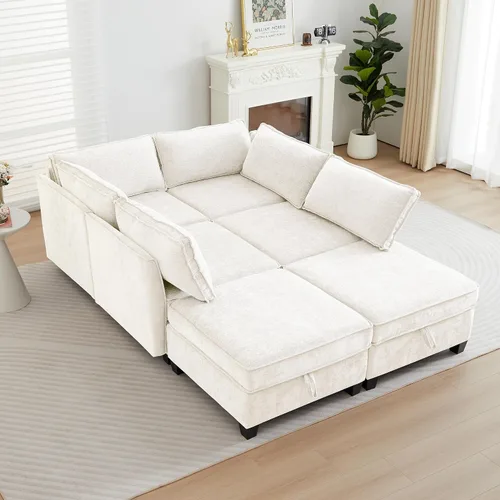 Vista 11 de ORRD Juego de sofá modular esquinero de gran tamaño, sofá convertible en forma de L con almacenamiento, sofá modular de 8 plazas con otomanas y Beige