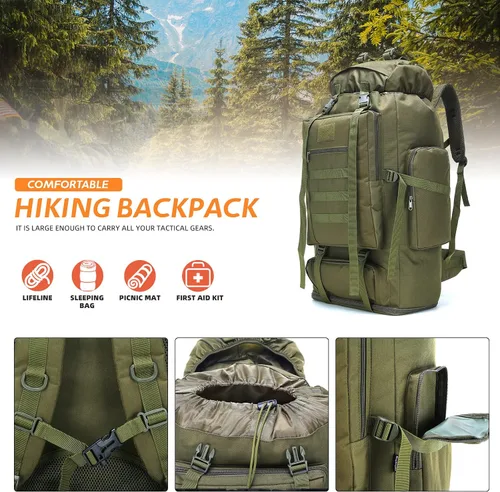 Vista 7 de Mochila de senderismo y camping, mochila MOLLE impermeable para viajes (verde militar)