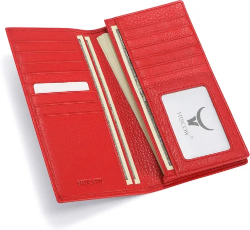 Vista 3 de HISCOW Cartera larga plegable con 15 ranuras para tarjetas de crédito piel de becerro italiana Rojo