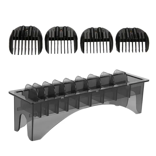 Vista 6 de Caja de almacenamiento rectangular de plástico para peine de guía, 10 rejillas para cortapelos, soporte de guardia, caja maestra con peines