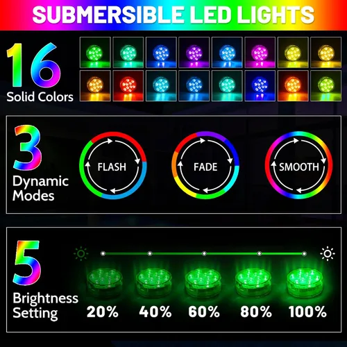 Vista 2 de YiaMia - Luces de bañera - 2 paquetes de luces LED RGB para piscina con batería, control remoto y ventosa para estanques, decoración, fiestas, spas