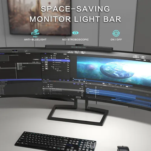 Vista 6 de Barra de luz curva para monitor ONWAY con control remoto inalámbrico, barra de luz para monitor con atenuación automática y base para cámara
